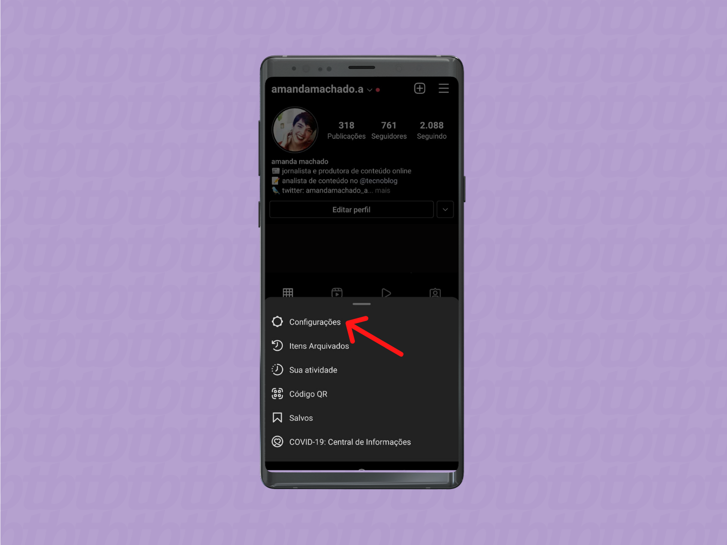 screenshot instagram destaque para o botão configurações