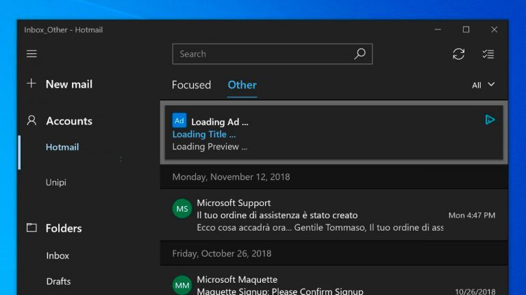 Microsoft volta a testar anúncios no app Email do Windows 10