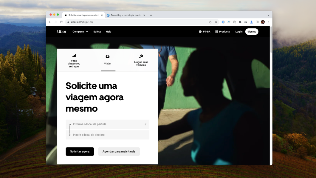 Site do Uber com opção de pedir corrida pelo PC