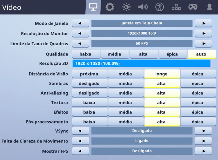 Menu de configurações / Como rodar Fortnite em PC fraco