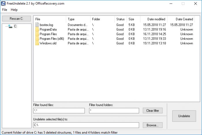 Windows / tele do FreeUndelete após a varredura / FreeUndelete como usar
