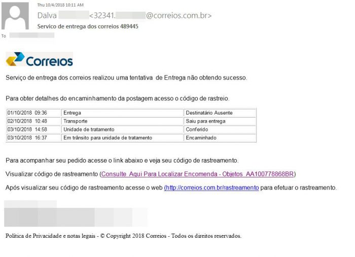 O e-mail falso dos Correios usado no golpe