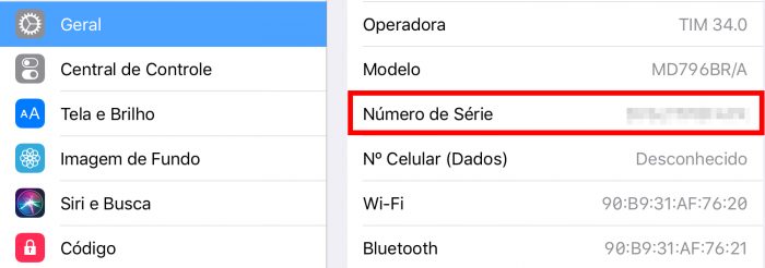 Número de série num dispositivo iOS / verificar garantia apple