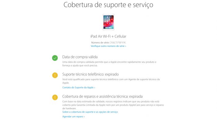 Status do iPad Air / verificar garantia apple