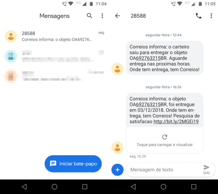 Android / mensagem SMS dos Correios / rastreamento correios