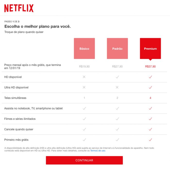 Desktop / escolha de planos da Netflix / como fazer uma conta na netflix