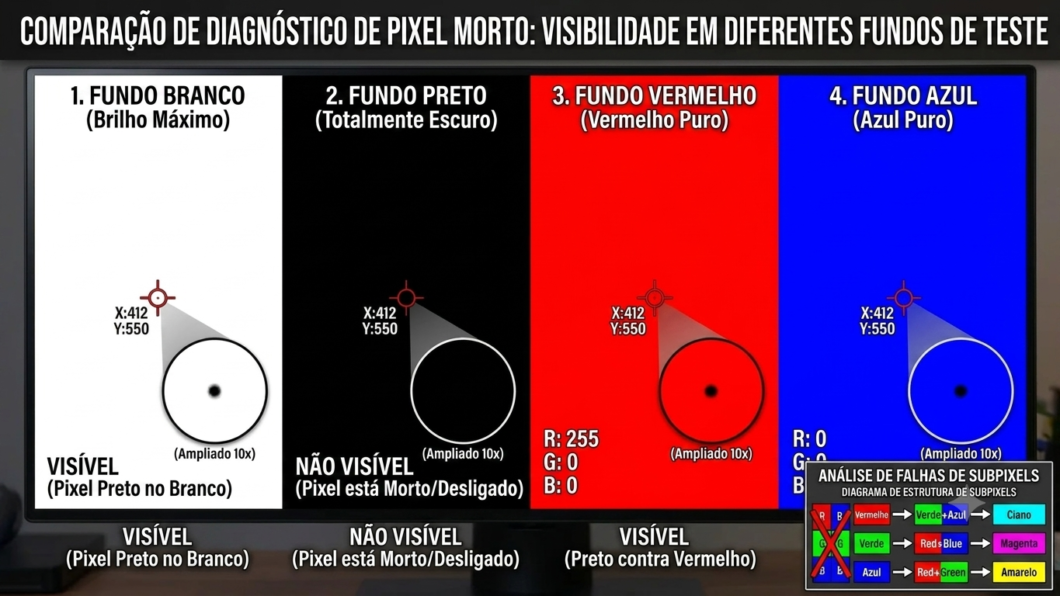 Teste de cores mostrando um pixel morto: ponto preto em fundo branco e sem cor em vermelho, verde e azul
