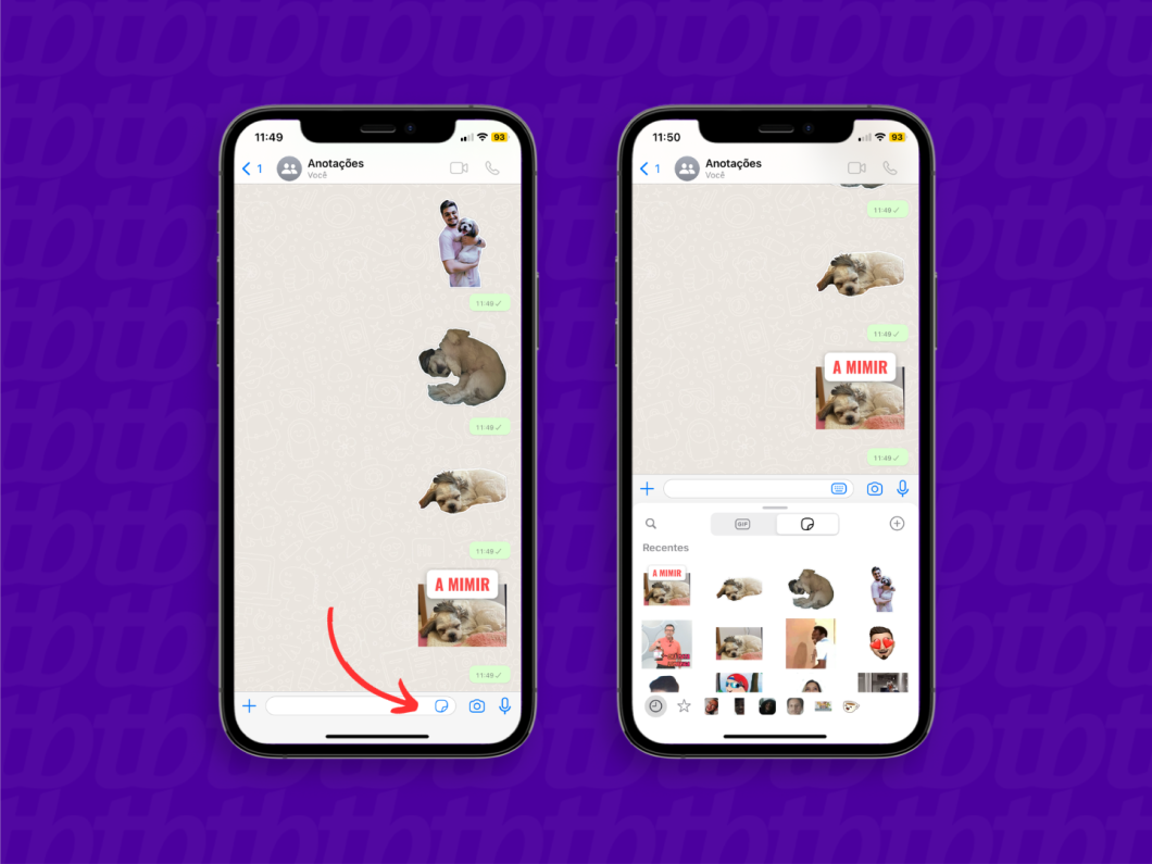 Capturas de tela do aplicativo WhatsApp mostram como acessar as figurinhas criadas por você