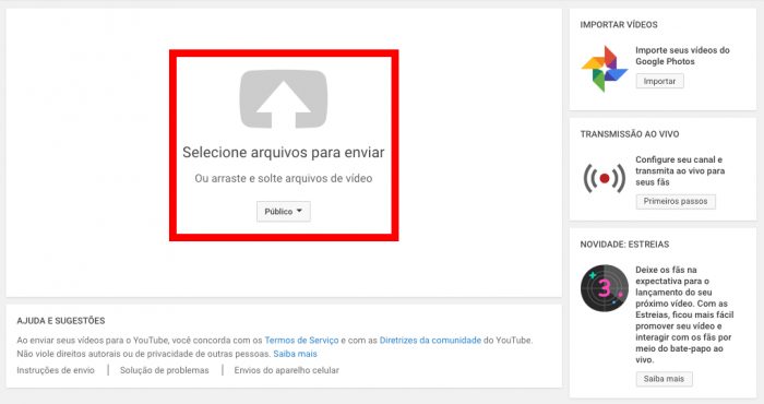 Detalhe do YouTube desktop / como postar vídeos no YouTube