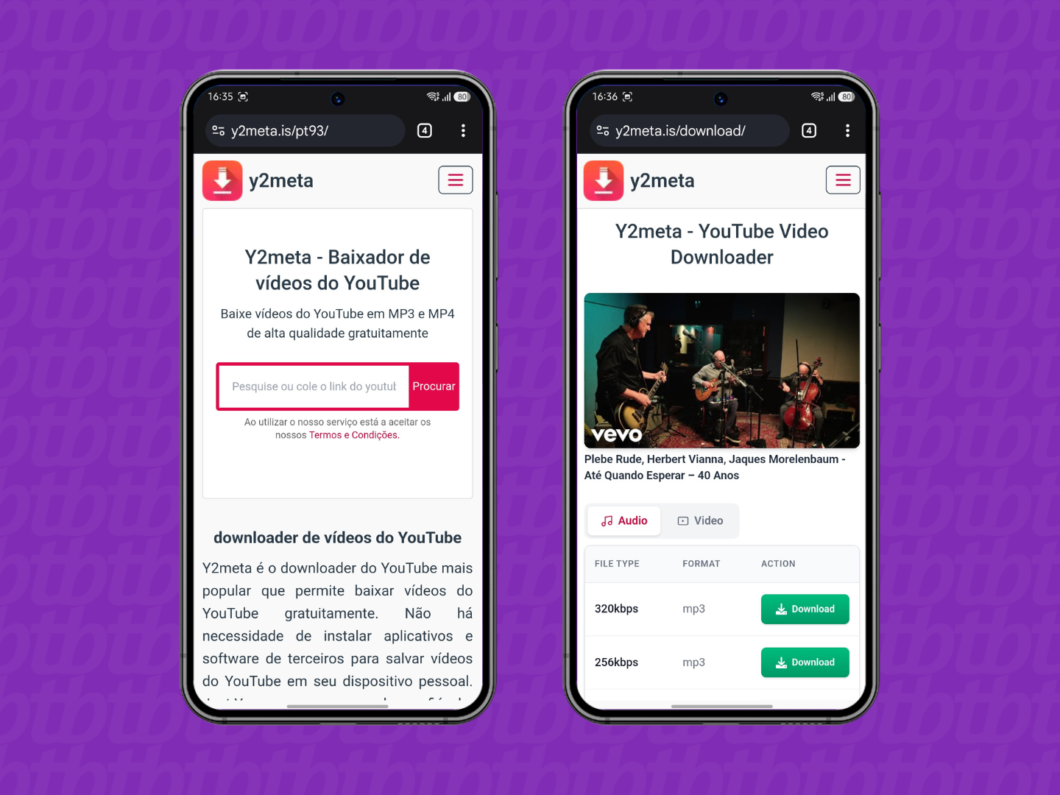 Tela do site Y2meta mostrando download de vídeos do YouTube para MP3 pelo navegador, no celular