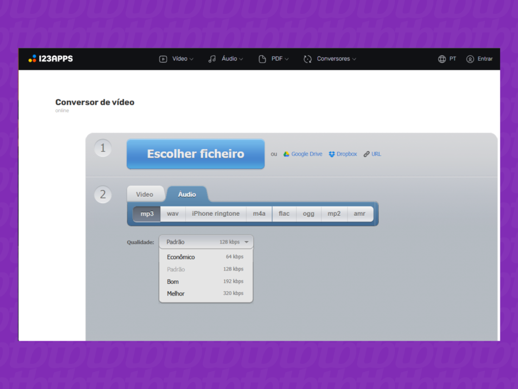 Tela do Online Audio Converter (123apps) com o conversor de vídeo para áudio e seleção de formato mp3