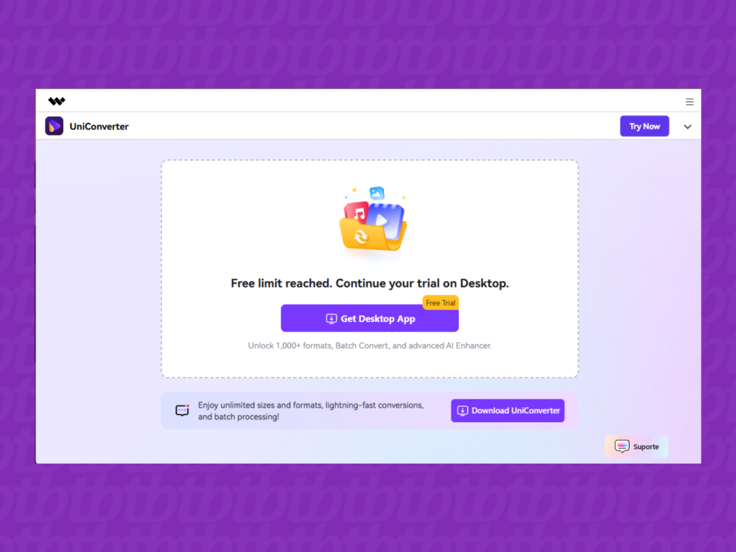UniConverter Online: limite de teste atingido e convite para continuar no app de desktop
