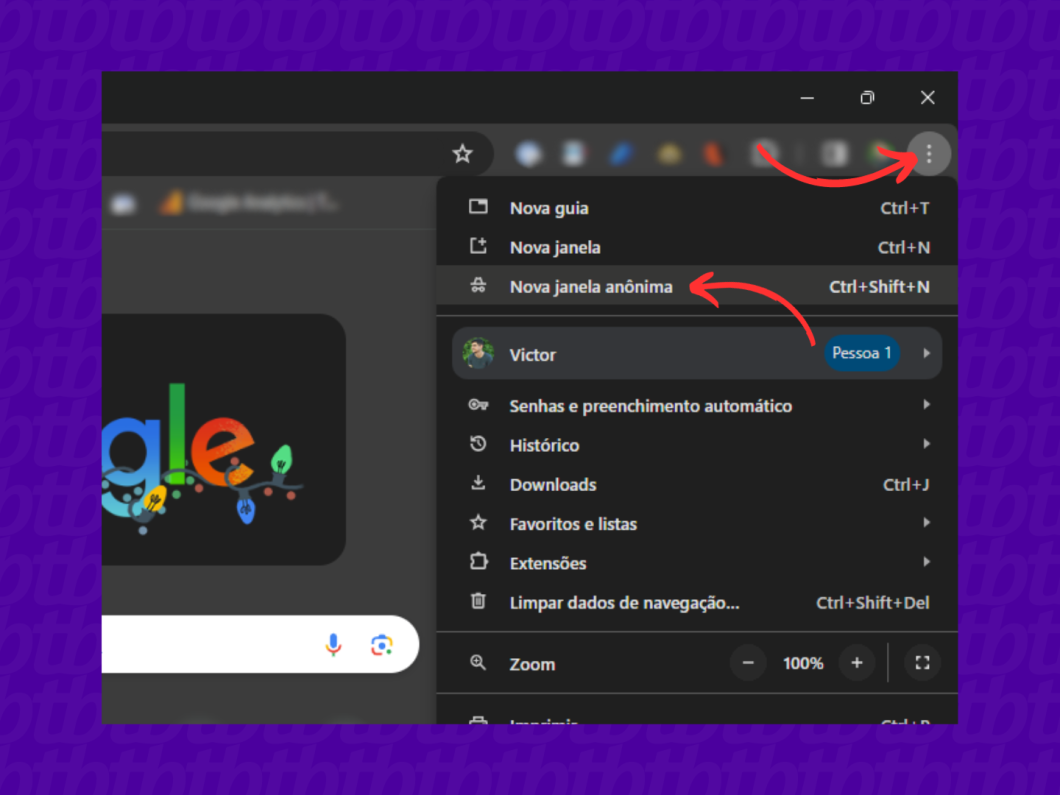 Tela de início do Google Chrome com a opção de abrir uma nova janela anônima.
