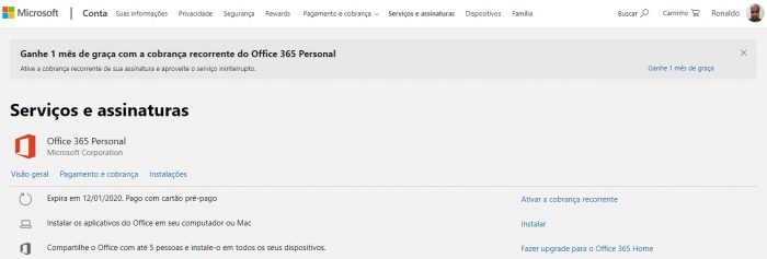 Microsoft / gerenciamento de assinatura do Office 365 / como renovar a assinatura do office 365
