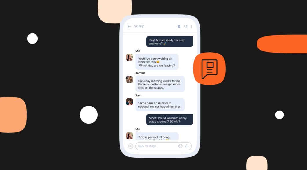 Chat em grupo no aplicativo de mensagens, com participantes e balões de conversa do protocolo RCS