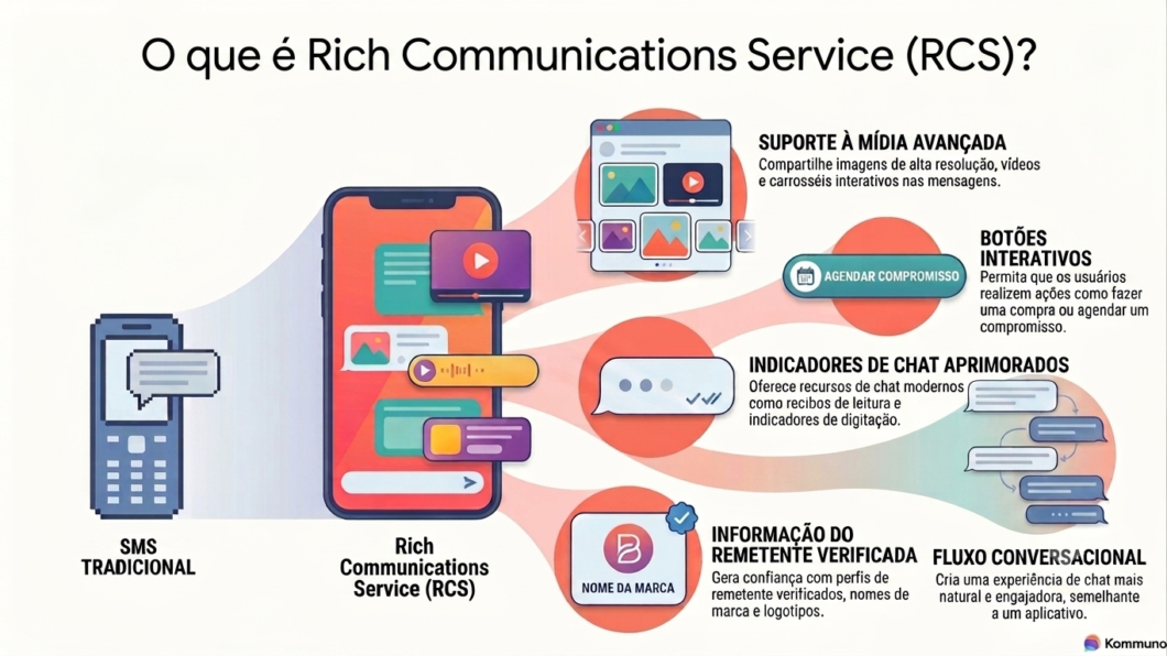Infográfico comparando SMS tradicional e RCS, destacando suporte a mídia avançada, botões interativos, indicadores de chat, perfis verificados e fluxo conversacional