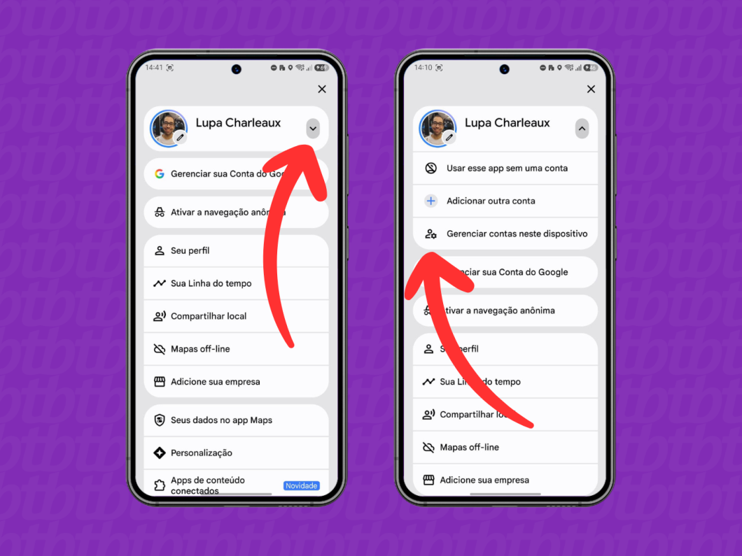 Tela do menu do Google Maps mostrando “Selecionando a Conta Google vinculada ao iPhone” (Lupa Charleaux/Tecnoblog)