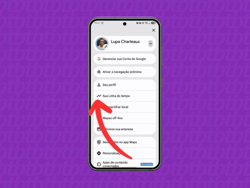 Tela do Google Maps no celular com “Sua Linha do tempo” selecionado no menu do perfil