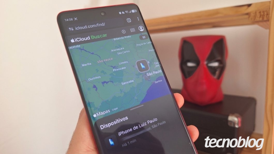Tela do iCloud “Buscar” exibindo a localização do “iPhone de Luz Paulo” no mapa