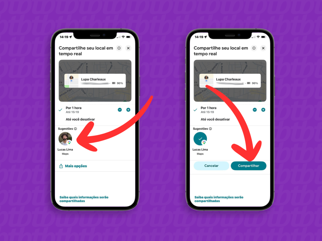 Selecionando o contato para enviar a posição ao vivo via Compartilhar local no Google Maps
