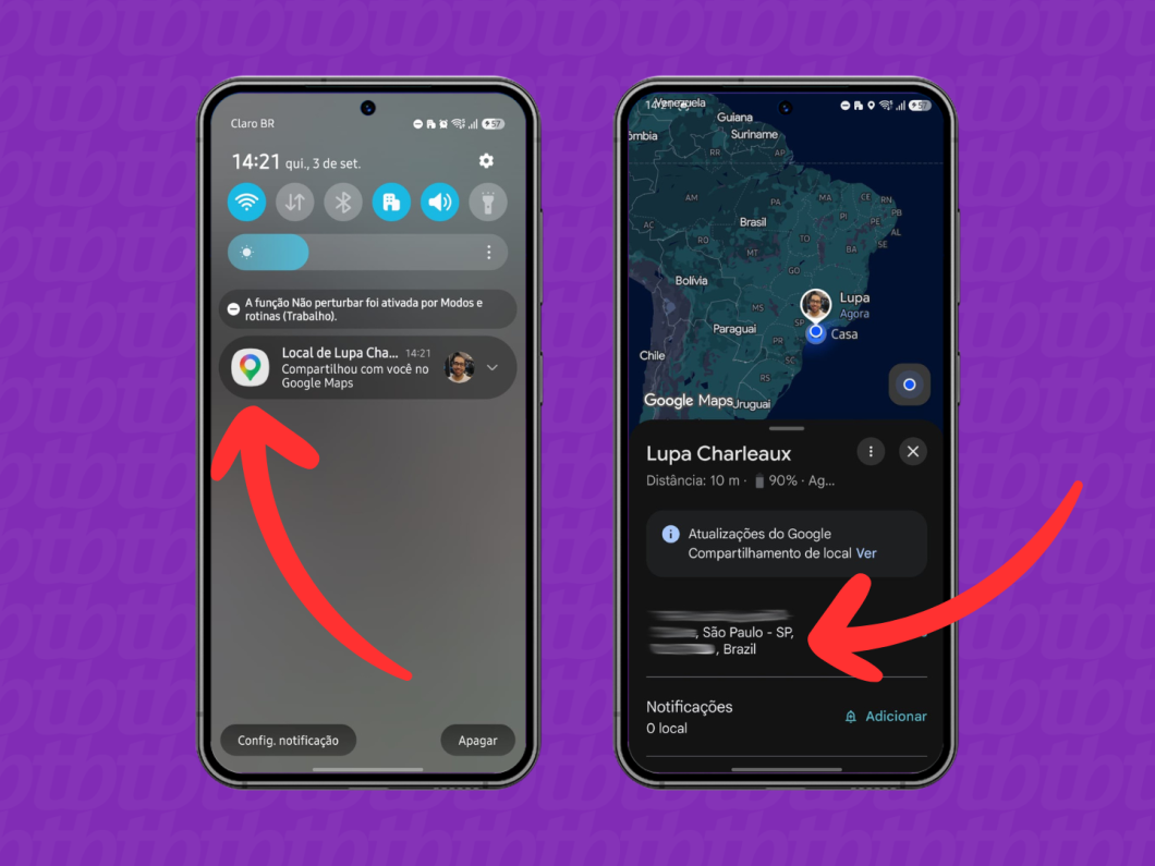 Abrindo a notificação do Google Maps no celular Android e visualizando o mapa de compartilhamento do local em tempo real