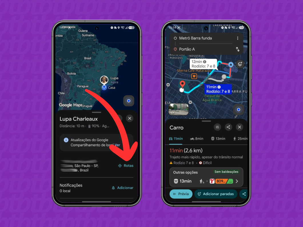 Definindo as rotas e o meio de transporte no Google Maps para ver o tempo estimado do deslocamento