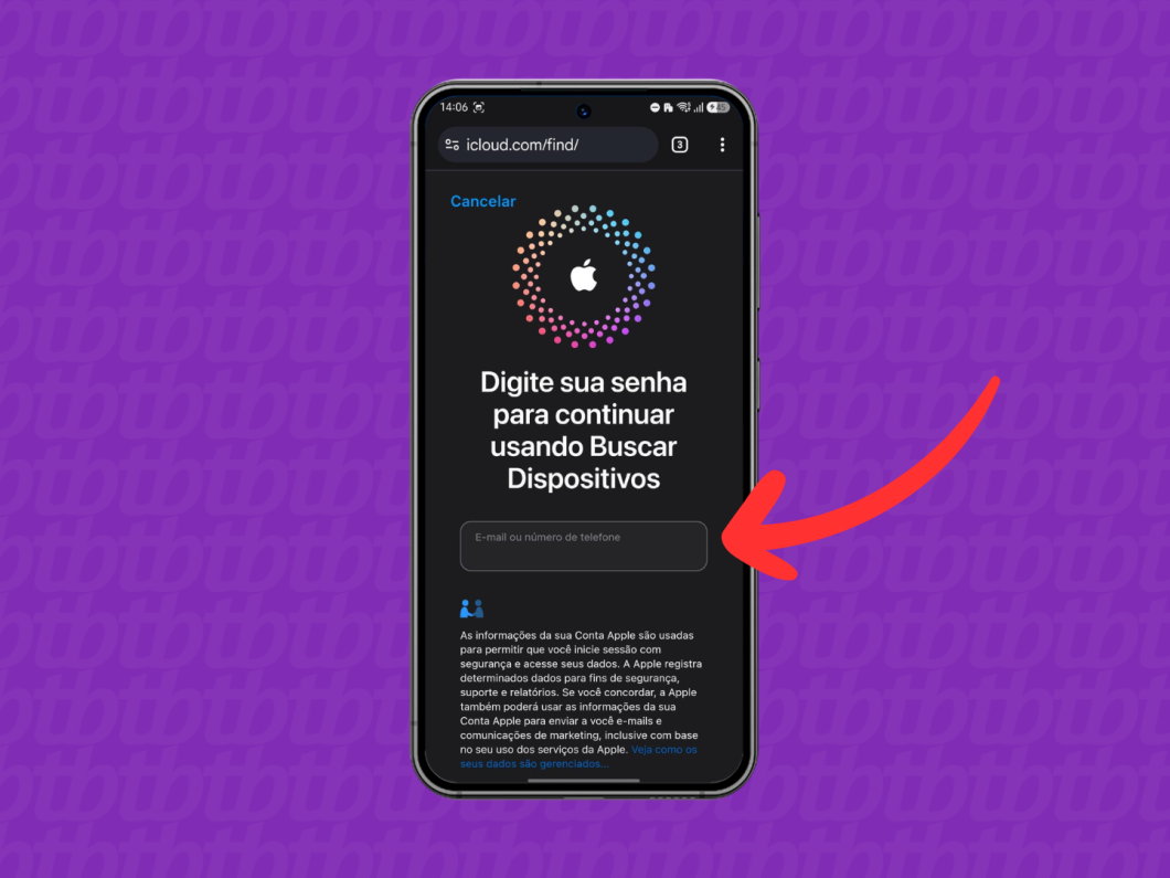 Tela do iCloud solicitando a senha para autenticação no Buscar Dispositivos