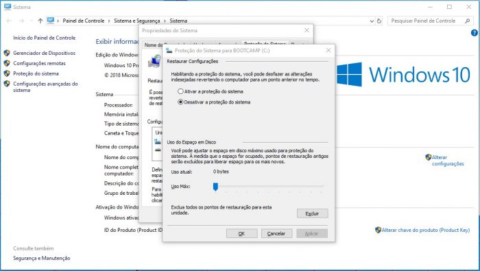 Proteção do sistema / liberar espaço windows 10