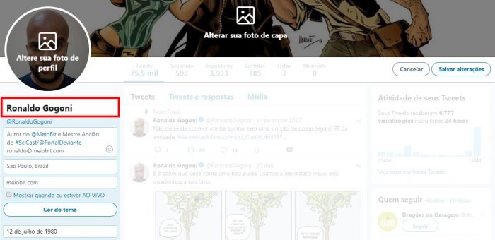 Edição de perfil do Twitter / como mudar o nome no twitter