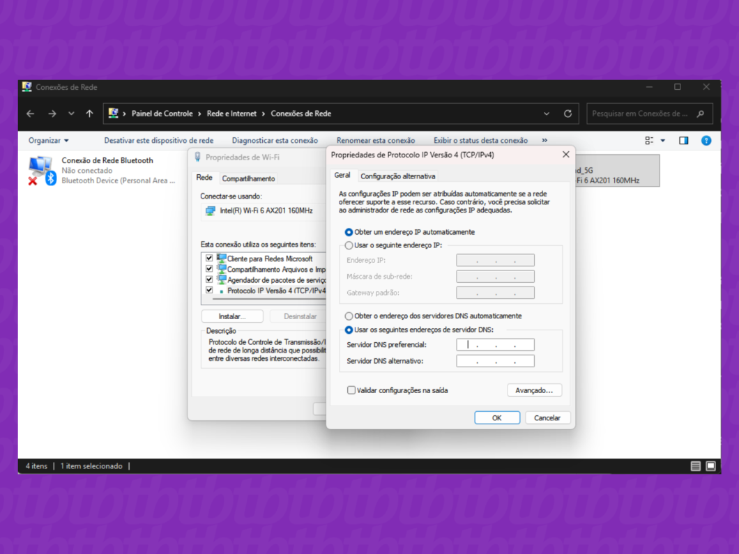 Janela de configurações de rede no Windows mostrando como usar servidores DNS mais estáveis para evitar erros de conexão