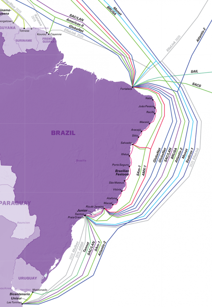 Mapa dos cabos submarinos no Brasil elaborado pela TeleGeography