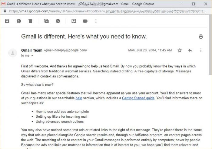 E-mail de boas-vindas do Gmail