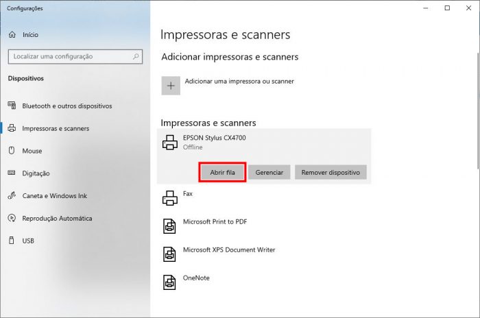 Windows / Impressoras e scanner / limpar fila de impressão