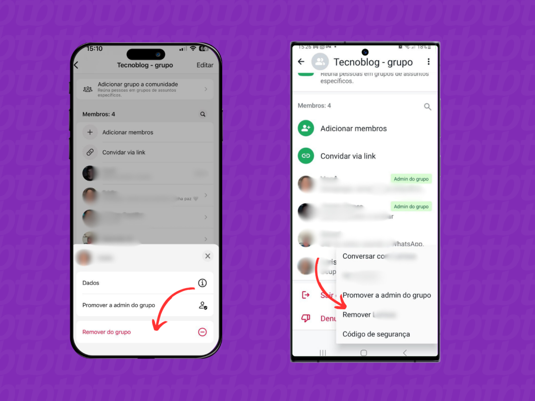Aplicativo do Whatsapp no Android e iOS indicando onde remover uma pessoa do grupo (Imagem: Reprodução/iOS e Android)