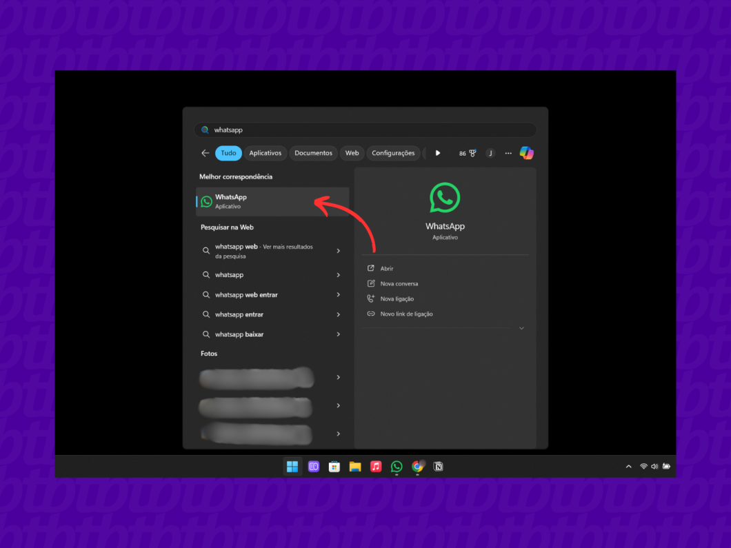 Aplicativo do Whatsapp na versão desktop usando a busca do Windows. (Imagem: Reprodução/Windows)