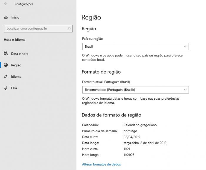 Windows 10 / configurações de região / Microsoft Store