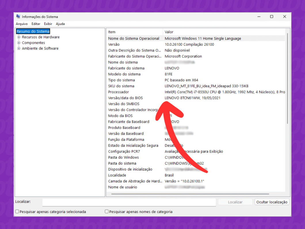 Verificando a bios na tela Informações do sistema no Windows