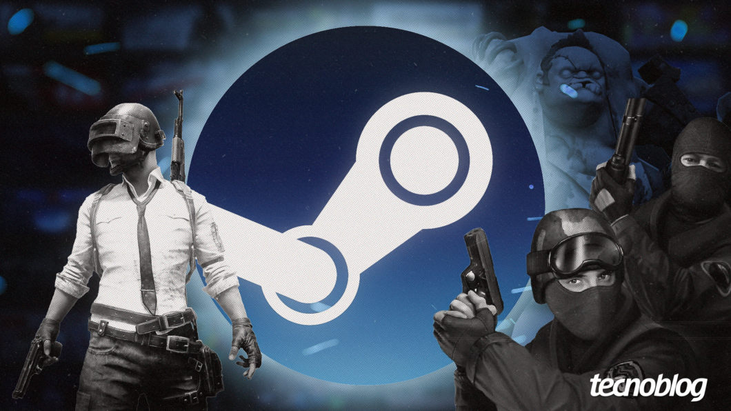 Ilustração da plataforma de jogos Steam mostra o logo da Steam ao centro, cercado por personagens de jogos da empresa Valve