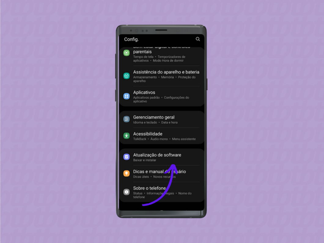Seta que indica o menu de atualização de software do Android.