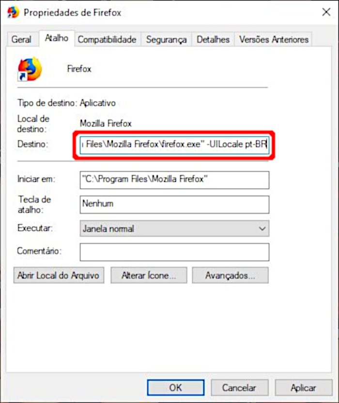 Propriedades do atalho / como mudar o idioma do firefox