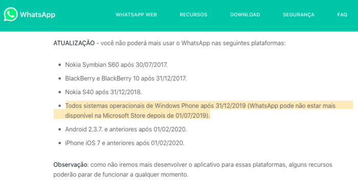 compatibilidade do whatsapp com windows phone, fim do suporte