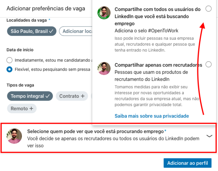 adicionar selo na foto de perfil para dizer que está procurando emprego no linkedin