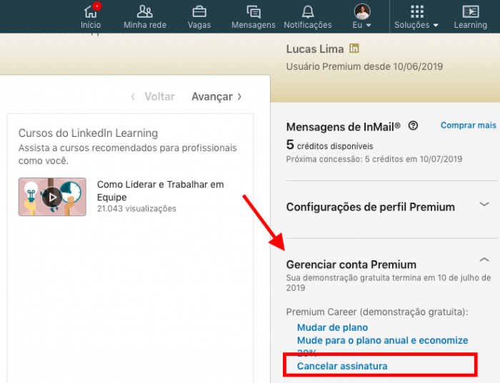 captura de tela sobre como cancelar assinatura do linkedin premium