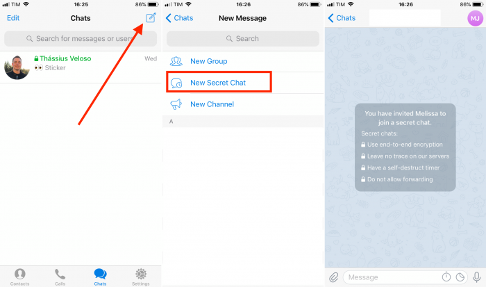 tela de como criar chat secreto no telegram