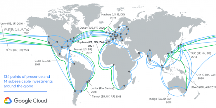 Mapa de cabos submarinos do Google