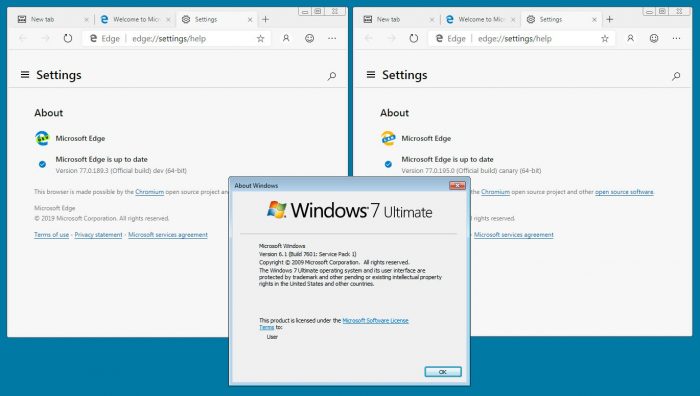 Windows 7 rodando o Edge, com base no Chromium