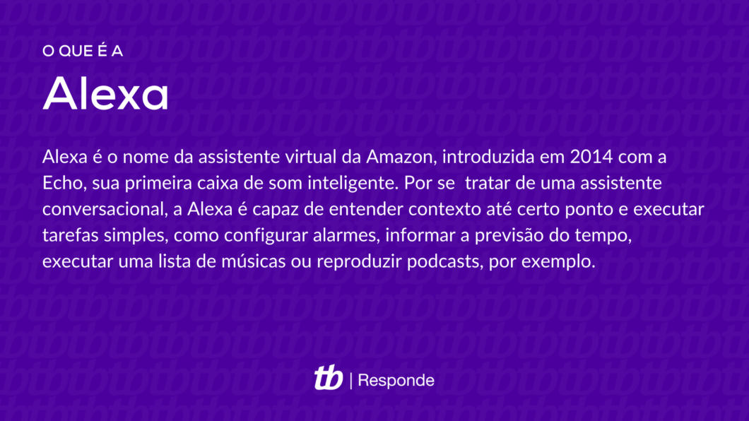 Alexa é o nome da assistente virtual da Amazon, introduzida em 2014 com a Echo, sua primeira caixa de som inteligente. Por se  tratar de uma assistente conversacional, a Alexa é capaz de entender contexto até certo ponto e executar tarefas simples, como configurar alarmes, informar a previsão do tempo, executar uma lista de músicas ou reproduzir podcasts, por exemplo