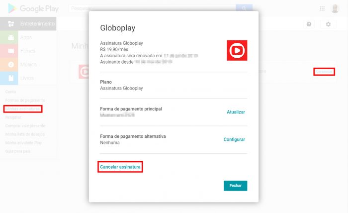 Google Play Store / cancelar assinaturas