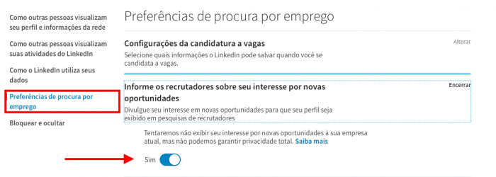 tela para colocar que está procurando emprego no linkedin