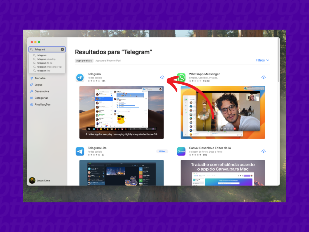 Clique no botão ao lado do nome do app para baixar no Mac (Imagem: Reprodução/Telegram)